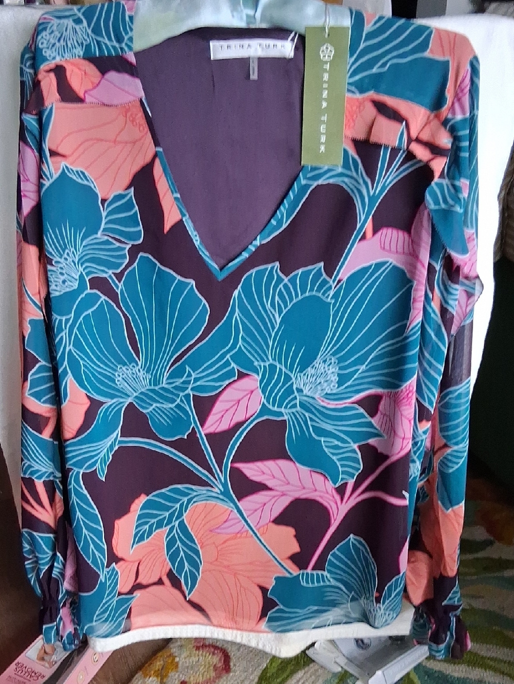 Trina Turk Teal Coral Pink Floral V-Neck Long Sleeve Blouse